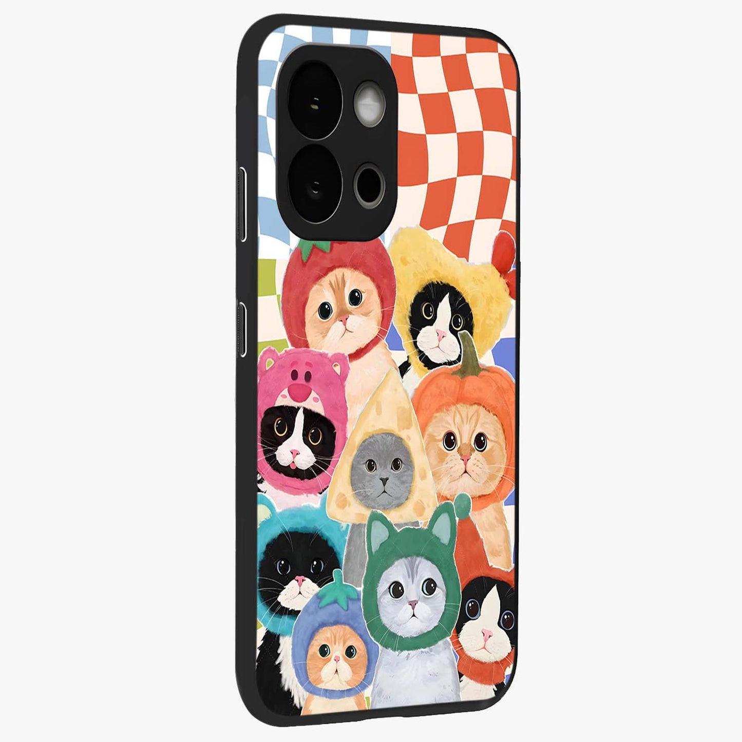 Cats in Fruits Glass Case for 1+13S side perspective highlighting fun detailing and premium smooth edges