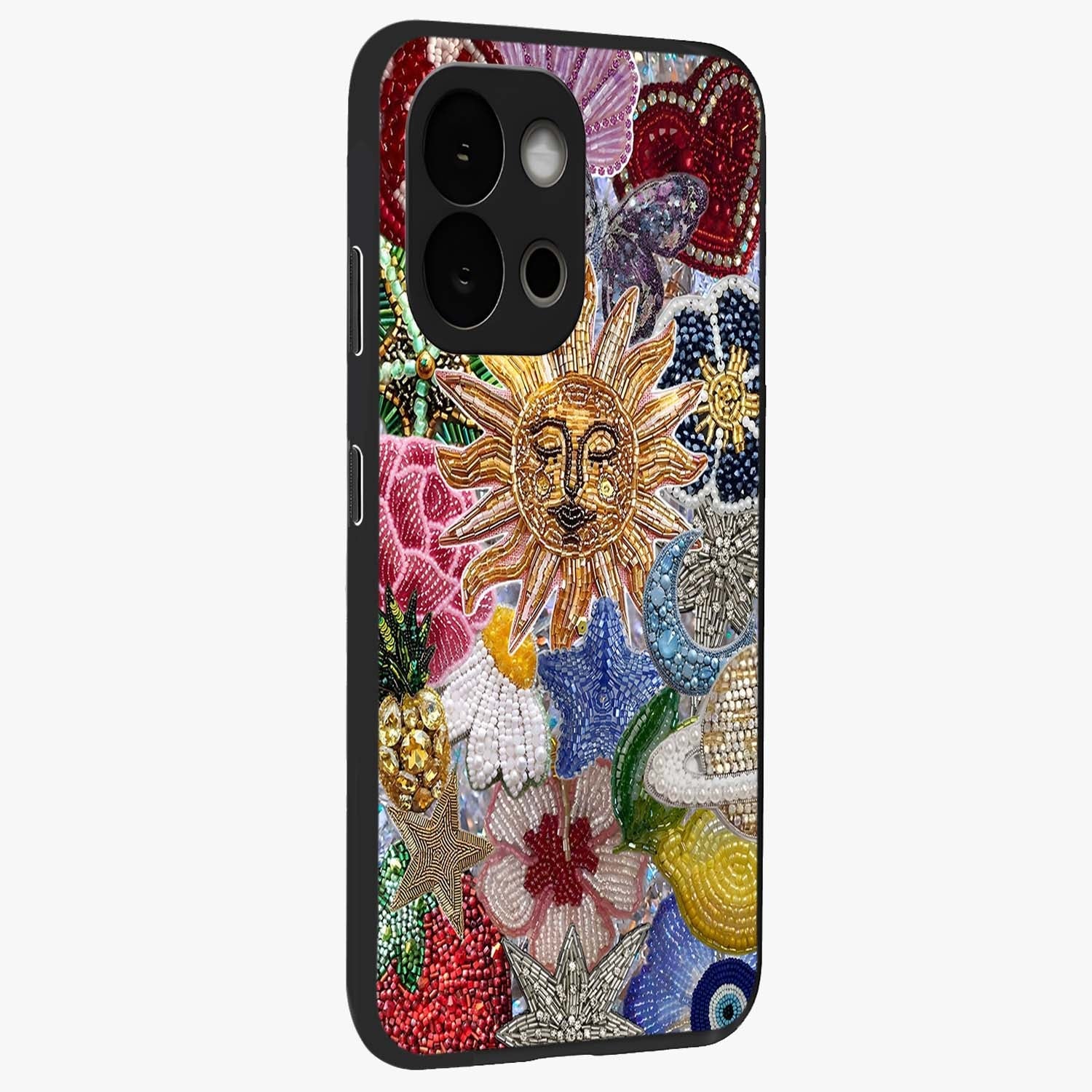 Celestial Floral and Playful Glass Case for 1+13S side perspective highlighting playful bloom textures and smooth edges