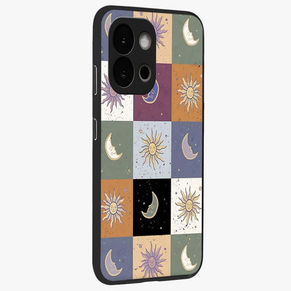 Celestial Patchwork Dreams Glass Case for 1+13S side perspective highlighting vibrant patchwork detailing and sleek edges