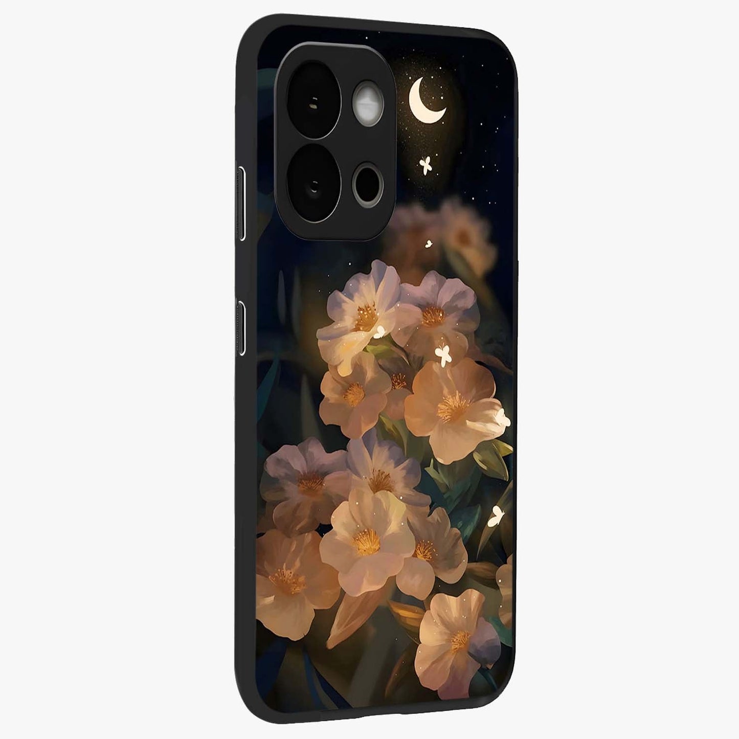Celestial Petal Night Glass Case for 1+13S side perspective highlighting delicate petal details and premium edges