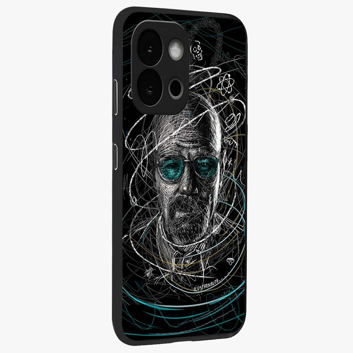 Chaotic Mind Genius Glass Case for 1+13S side perspective highlighting creative detailing and premium edge finish