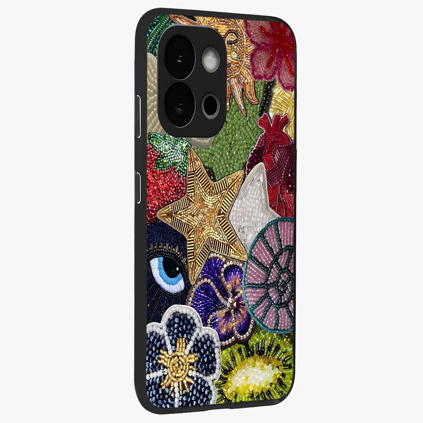 Cosmic Charm Shine Glass Case for 1+13S side perspective highlighting luminous detailing and sleek edge design
