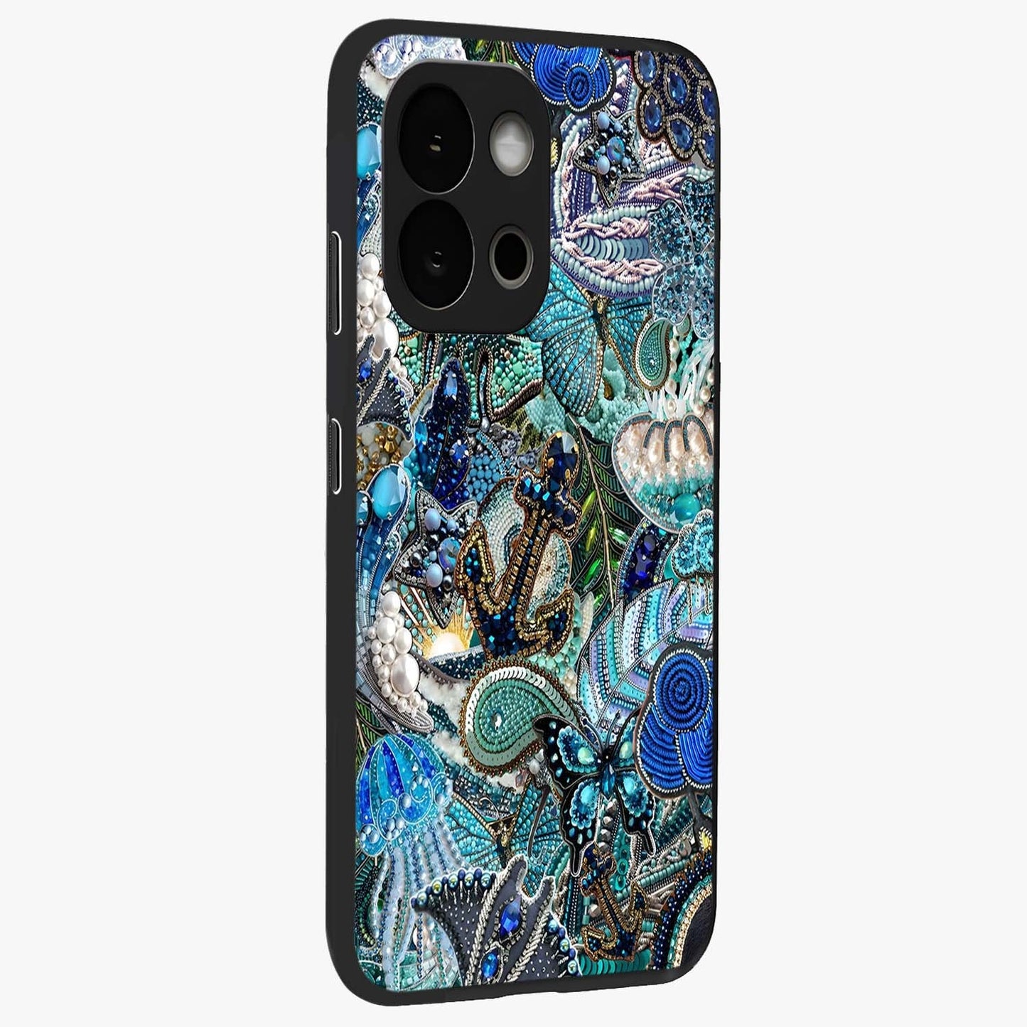Crystal Ocean Magic Glass Case for 1+13S side perspective highlighting wave textures and smooth premium build
