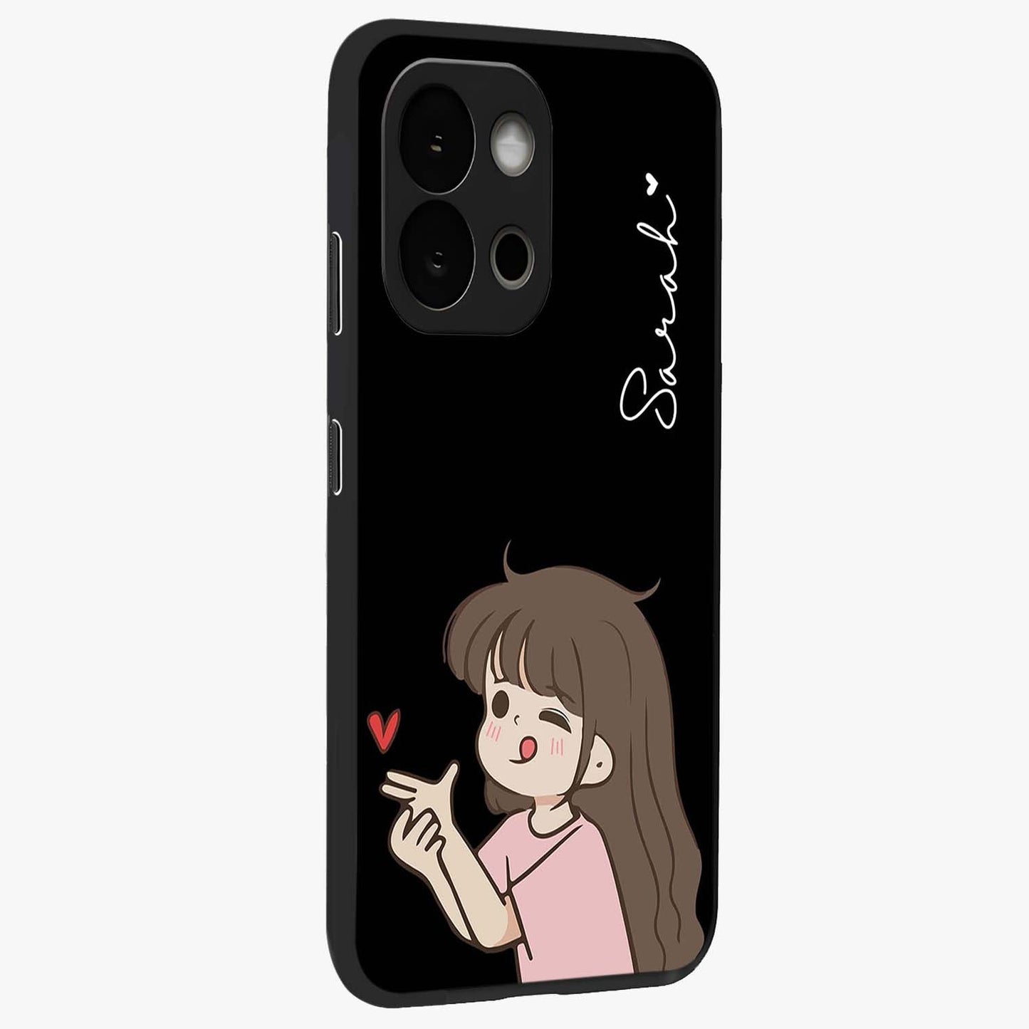 Cute Girl Firing Heart Glass Case for 1+13S side perspective highlighting playful design elements and sleek build