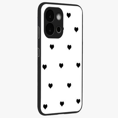 Cute Simple black Hearts Glass Case for 1+13S side perspective highlighting dramatic contrast and premium build