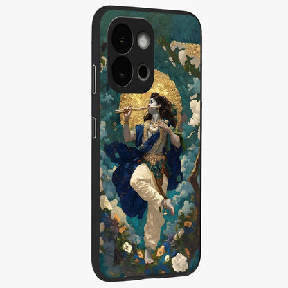 Divine Krishna Art Glass Case for 1+13S side perspective highlighting intricate divine illustration and premium edges