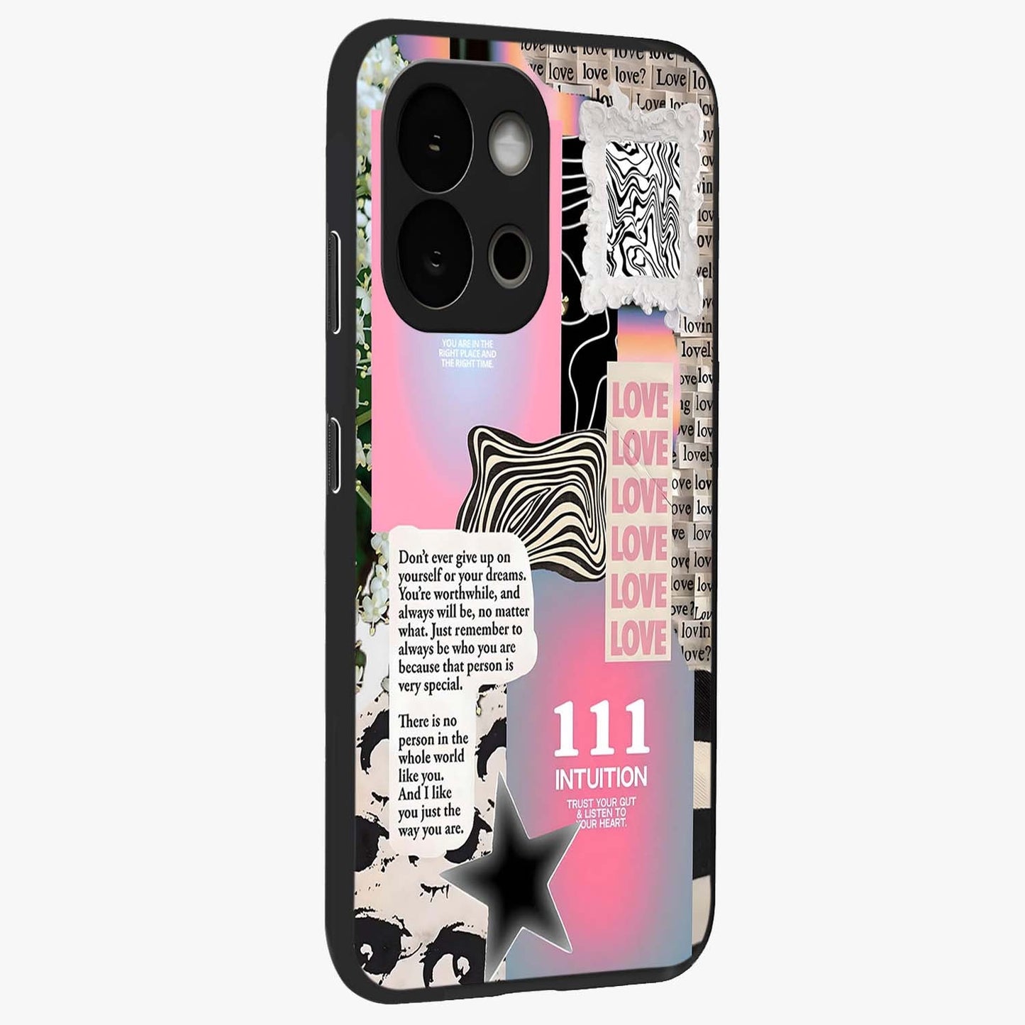 Divine Love Vibes Glass Case for 1+13S side perspective highlighting elegant detailing and smooth build