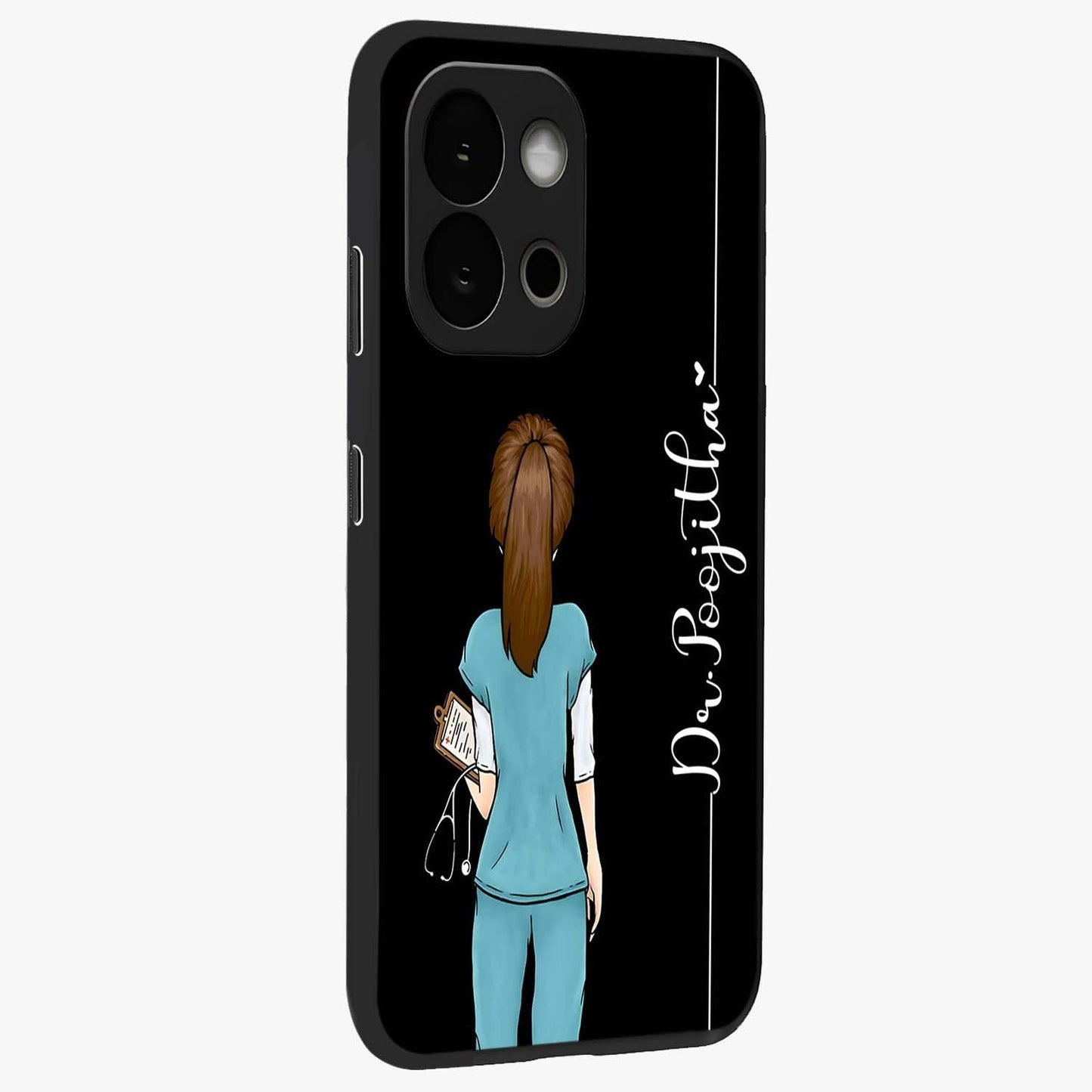Doctor Pattern Custom Name Glass Case for 1+13S side perspective highlighting custom typography and smooth premium edges
