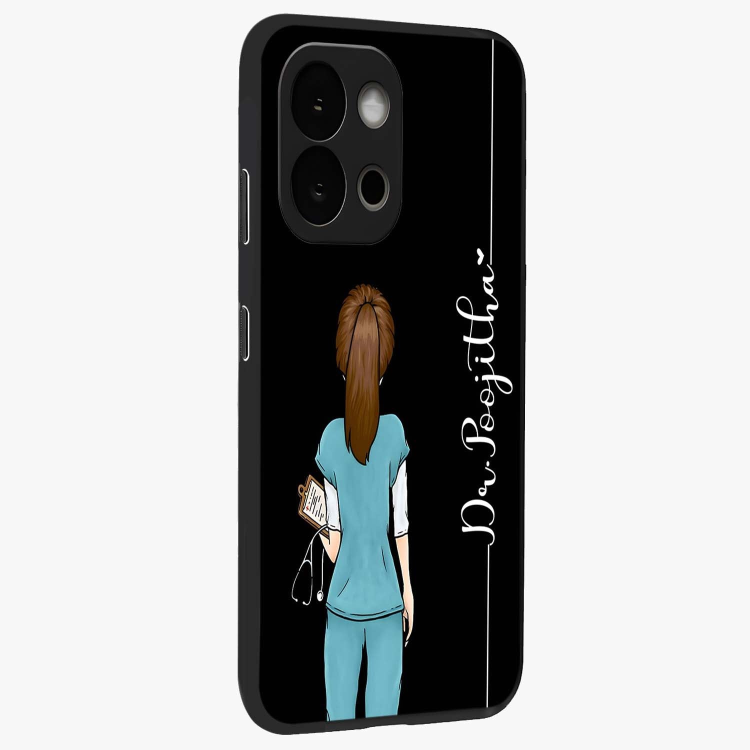 Doctor Pattern Custom Name Glass Case for 1+13S side perspective highlighting custom typography and smooth premium edges