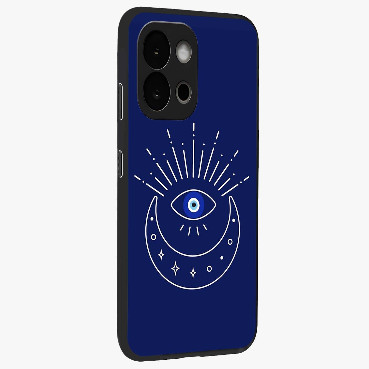 Evil Eye With Blue Themed Collage Glass Case for 1+13S side perspective highlighting bold collage detailing and smooth edges