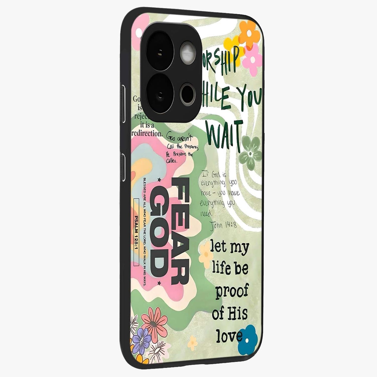 Faith Over Fear Glass Case for 1+13S side perspective highlighting powerful text detailing and premium edges
