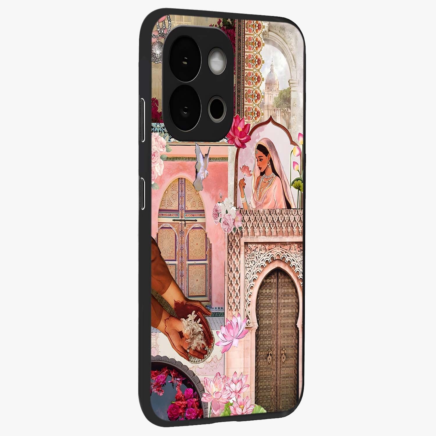Floral Courtyard Muse Glass Case for 1+13S side perspective highlighting refined floral textures and smooth build