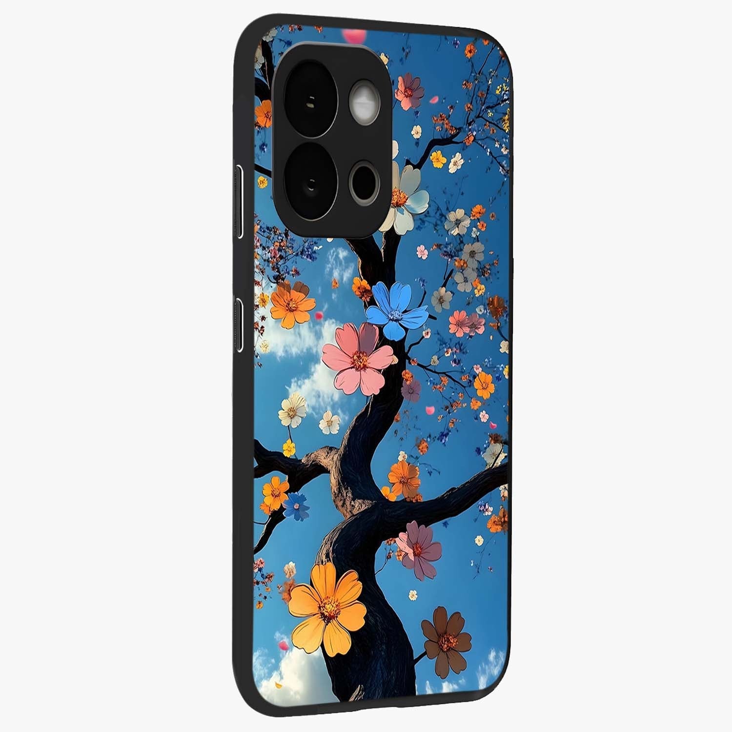 Floral Tree Glass Case for 1+13S side perspective highlighting vibrant floral patterns and sleek edges