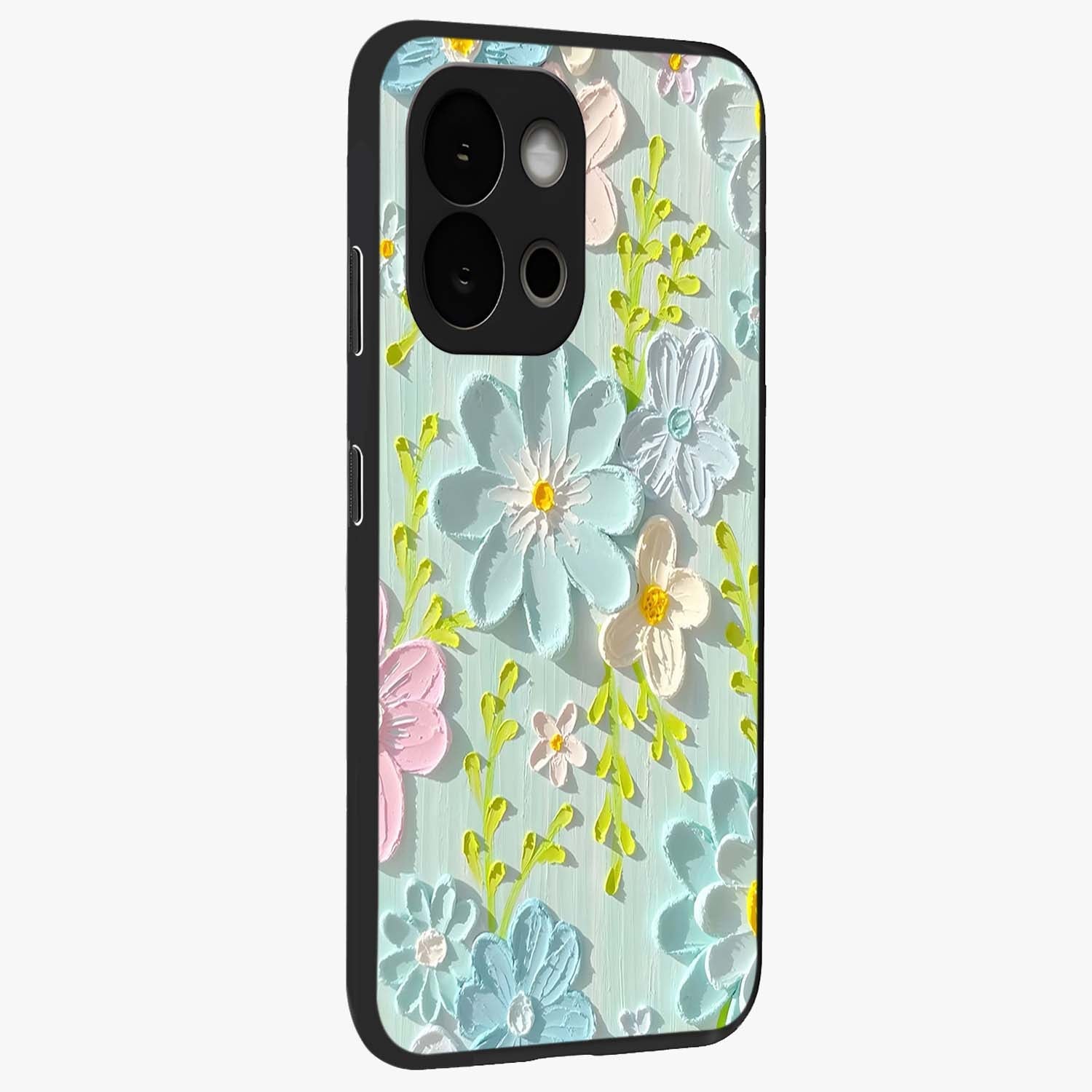 Frosted Petal Garden Glass Case for 1+13S side perspective highlighting subtle petal textures and sleek premium build