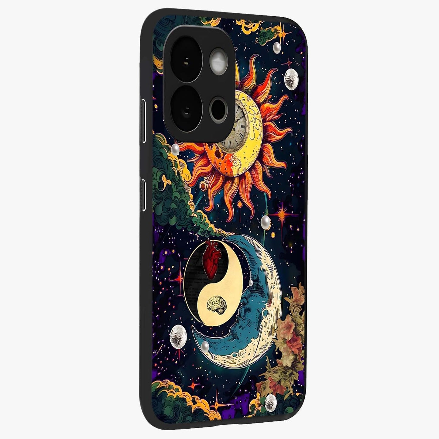 Future Universe Glass Case for 1+13S side perspective highlighting dynamic galaxy textures and premium edges