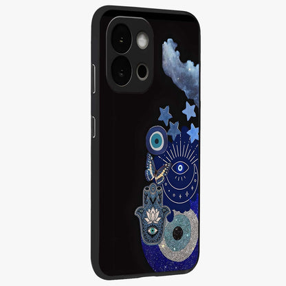 Galactic Charm Cluster Glass Case for 1+13S side perspective highlighting glowing textures and premium edge finish