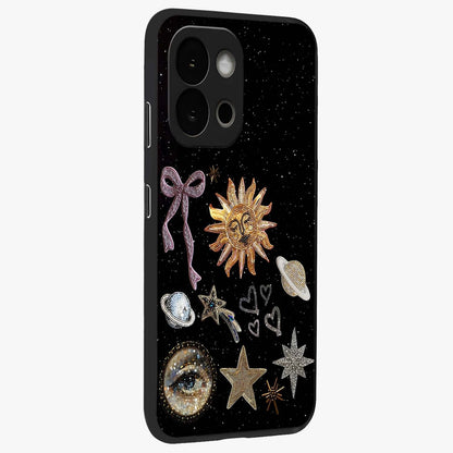 Galactic Sun Charm Glass Case for 1+13S side perspective highlighting glowing sun detailing and premium edge finish
