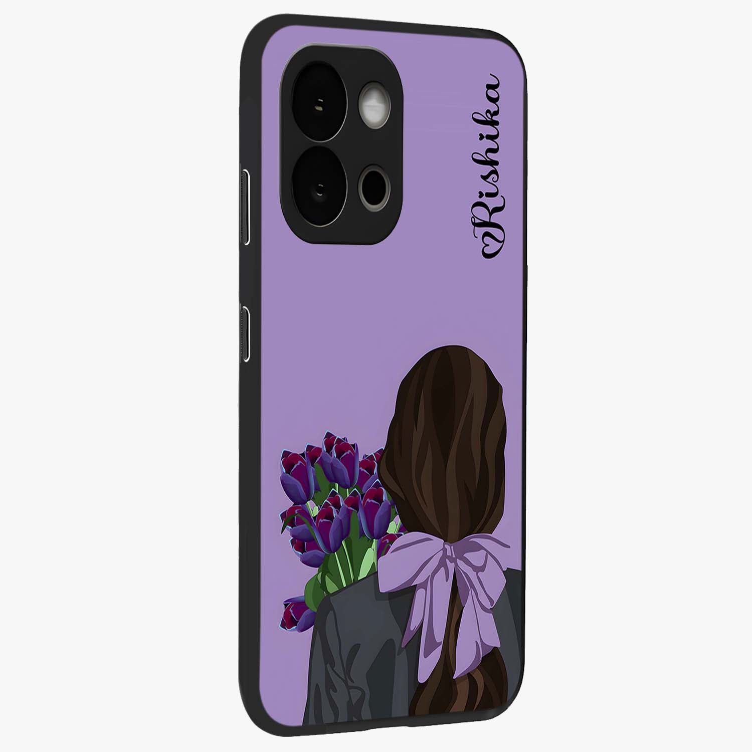 Girl Holding Flowers Glass Case for 1+13S side perspective highlighting delicate floral detailing and premium edges