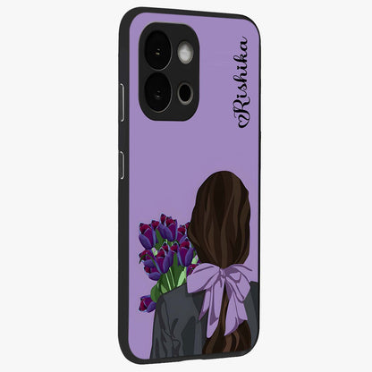 Girl Holding Flowers Glass Case for 1+13S side perspective highlighting delicate floral detailing and premium edges