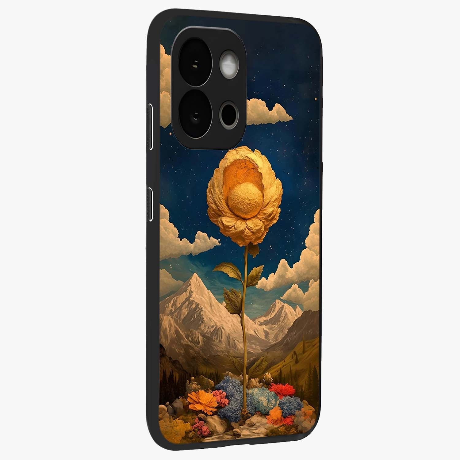 Golden Blossom Elegance Glass Case for 1+13S side perspective highlighting delicate floral textures and sleek build