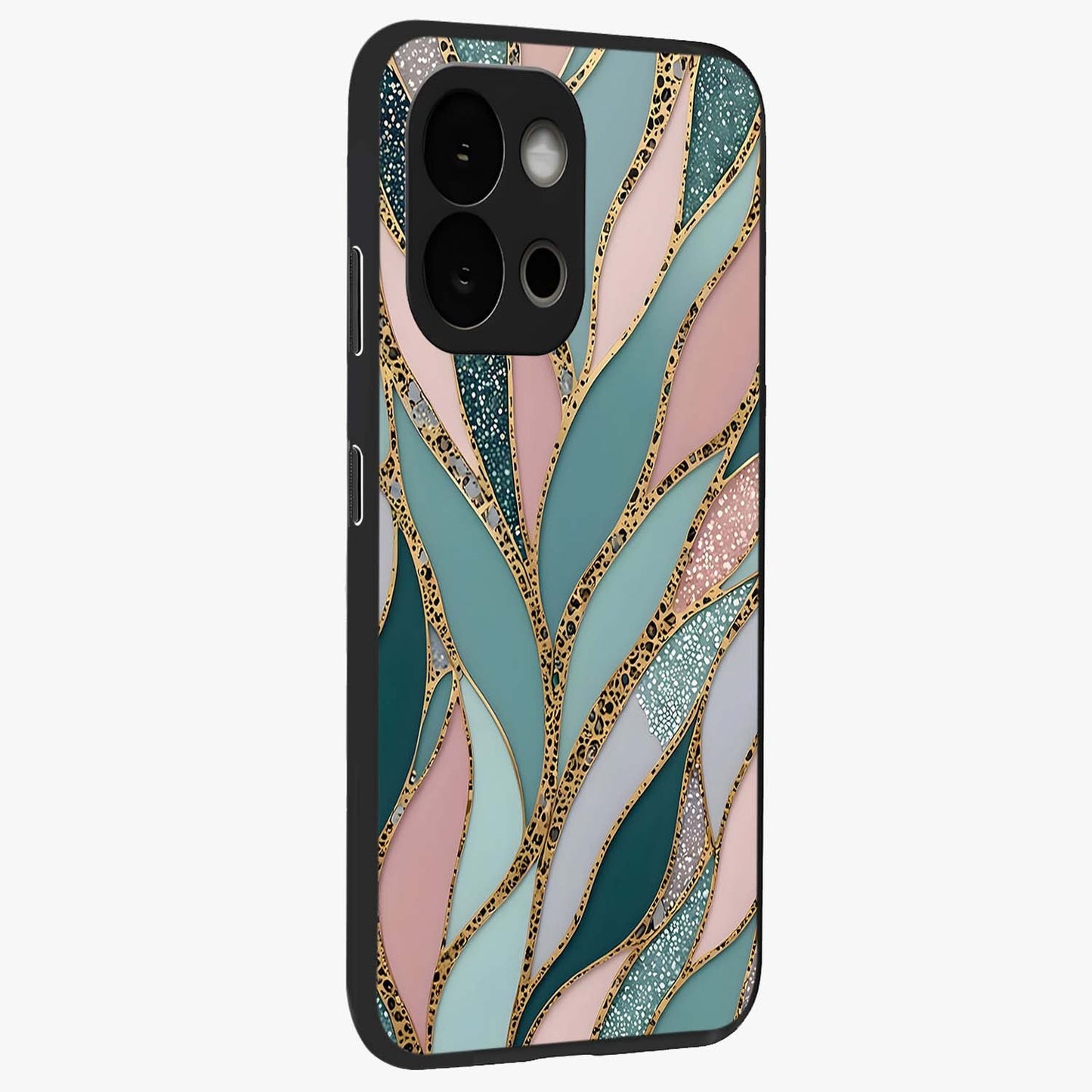 Golden Lotus Glow Glass Case for 1+13S side perspective highlighting intricate lotus detailing and premium edge finish