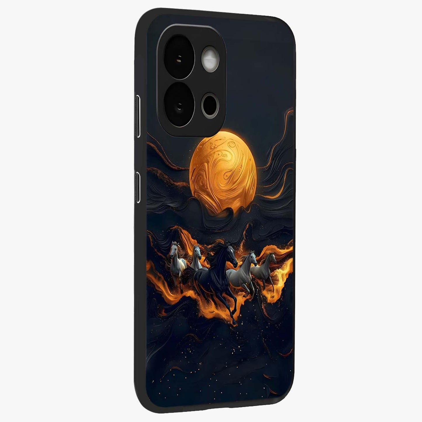 Golden Sun Majesty Glass Case for 1+13S side perspective highlighting glowing sun detailing and premium edges
