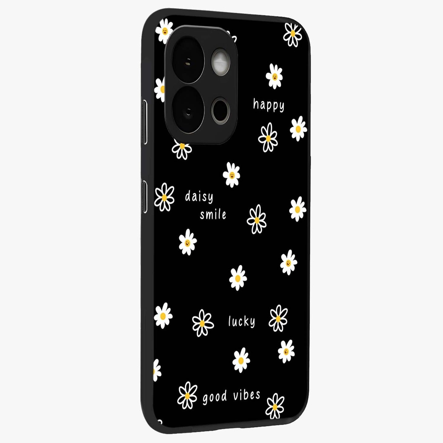 Good Vibes Daisy Black Pattern Glass Case for 1+13S side perspective highlighting playful daisy detailing and smooth edges