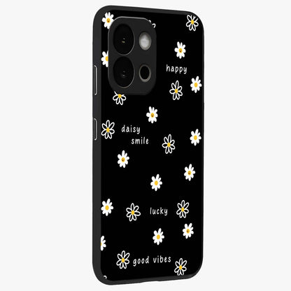 Good Vibes Daisy Black Pattern Glass Case for 1+13S side perspective highlighting playful daisy detailing and smooth edges