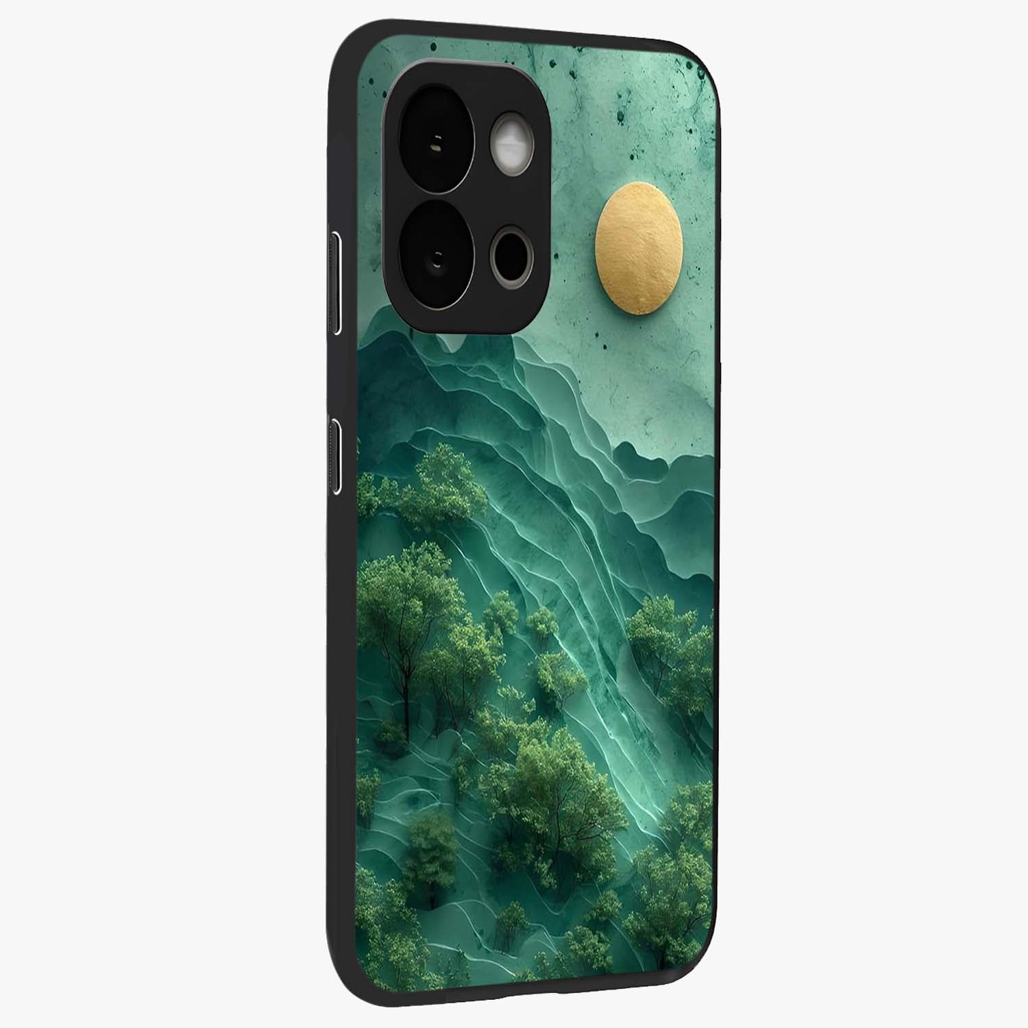 Green Hills With Sun Glass Case for 1+13S side perspective highlighting serene landscape textures and premium build