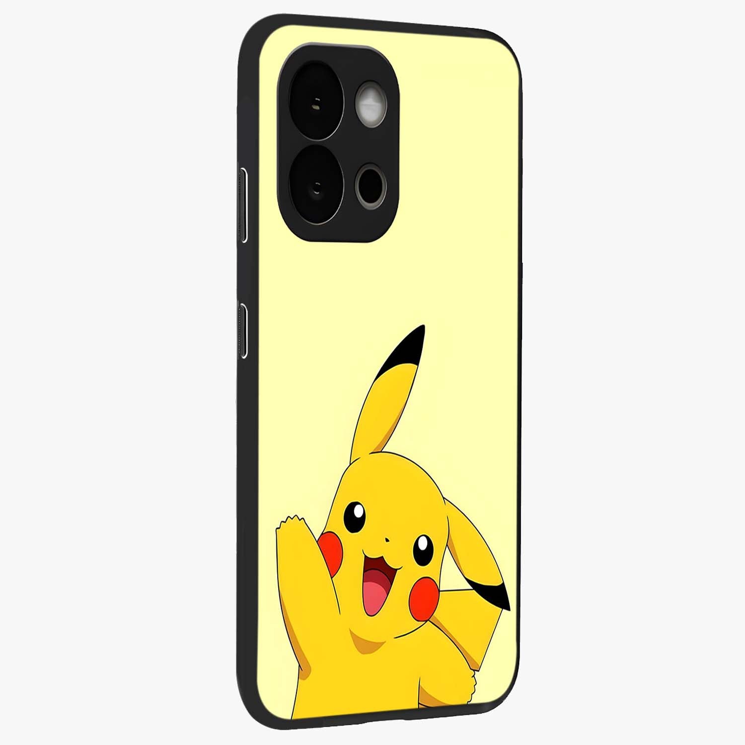 Happy Electric Pikachu Glass Case for 1+13S side perspective highlighting lively character detailing and sleek build