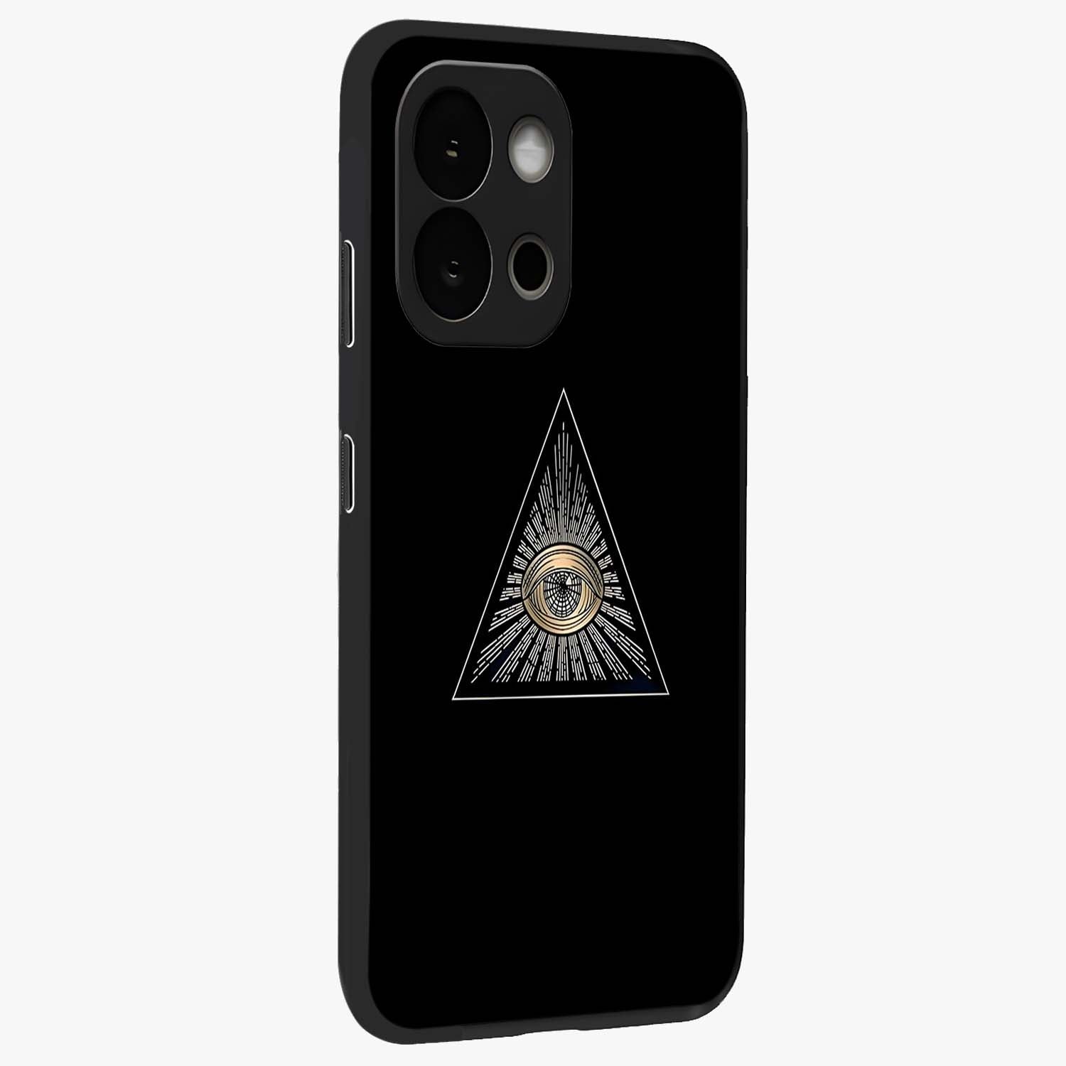 Illuminati Evil Glass Case for 1+13S displayed upright for mysterious statement visibility and premium finish.