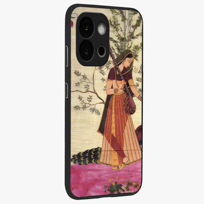 Lady With Veena Art Glass Case for 1+13S side perspective highlighting graceful illustration textures and sleek build