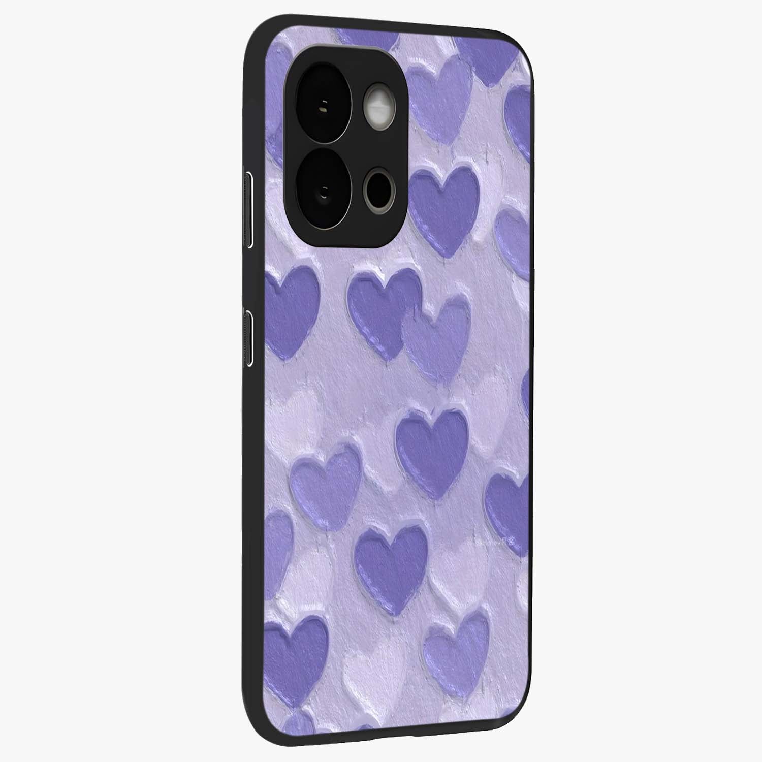 Lavender Paper Hearts Glass Case for 1+13S side perspective highlighting delicate heart textures and sleek build
