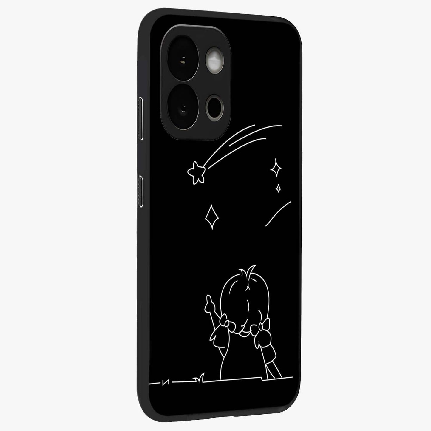 Line Art Girl With Shooting Stars Glass Case for 1+13S side perspective highlighting subtle star textures and premium build