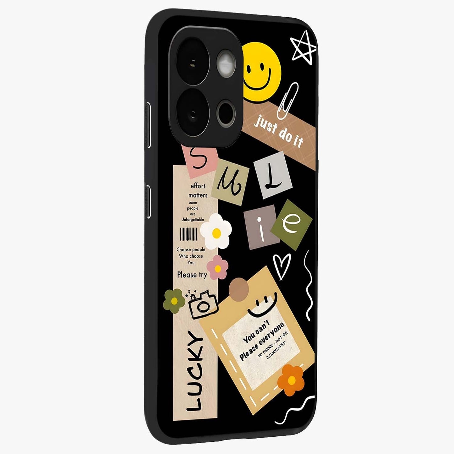 Lucky Aesthetic Collage Case Glass Case for 1+13S side perspective highlighting playful detailing and sleek edges