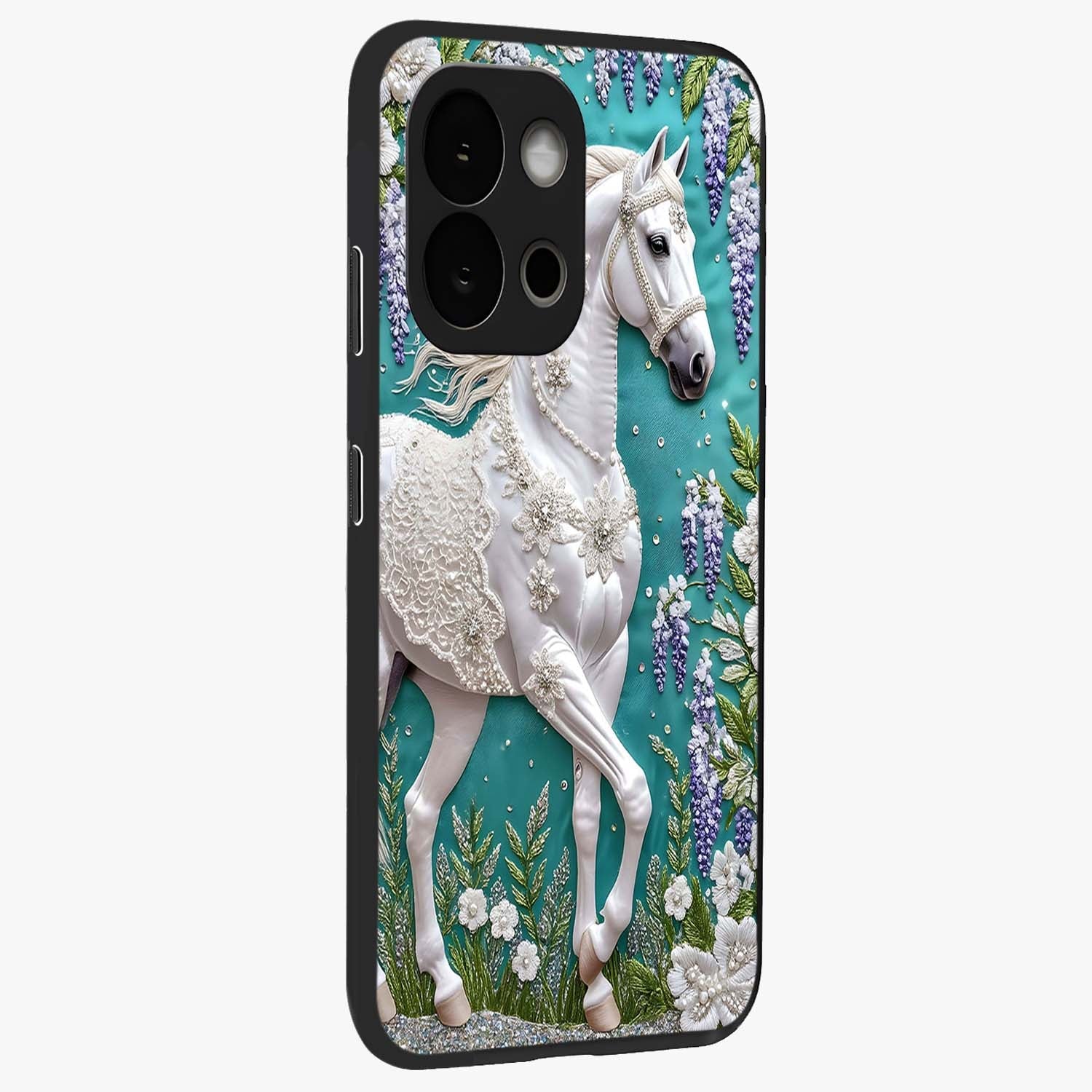 Majestic Floral Stallion Glass Case for 1+13S side perspective highlighting refined equestrian textures and premium edges