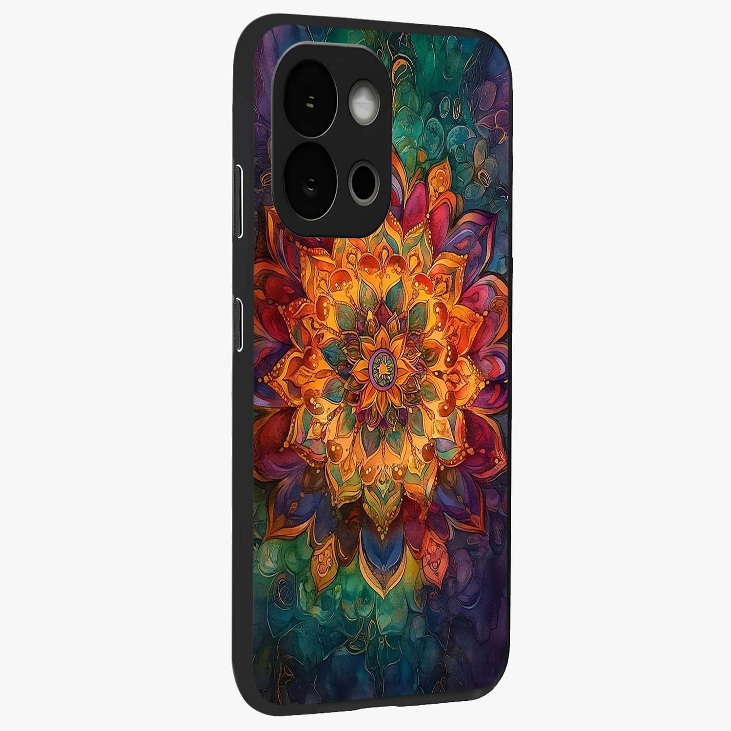 Mandala Vibrants Glass Case for 1+13S side perspective highlighting vibrant ornamental textures and premium edges
