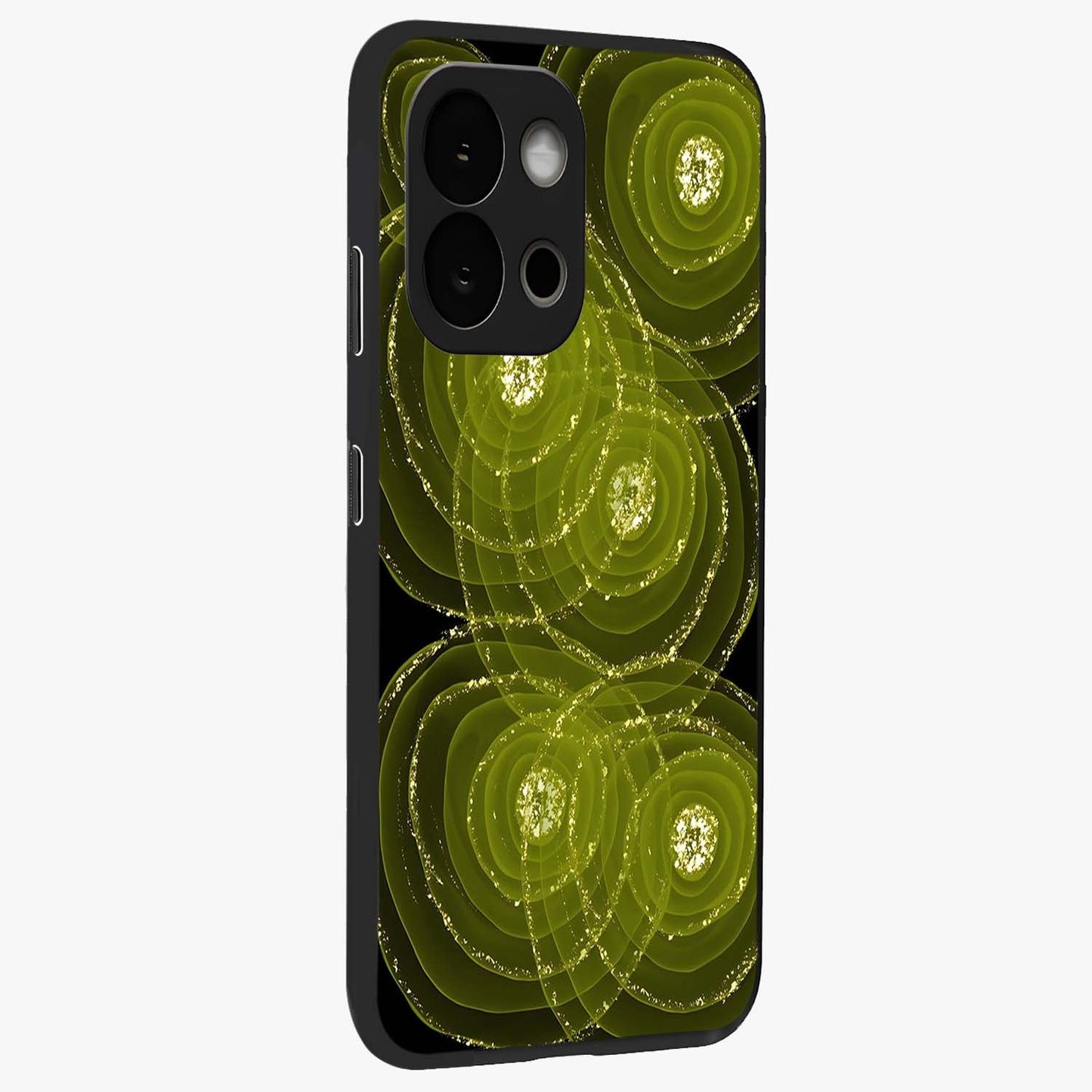 Neon Orbit Bloom Marble Glass Case for 1+13S side perspective highlighting luminous textures and premium edges