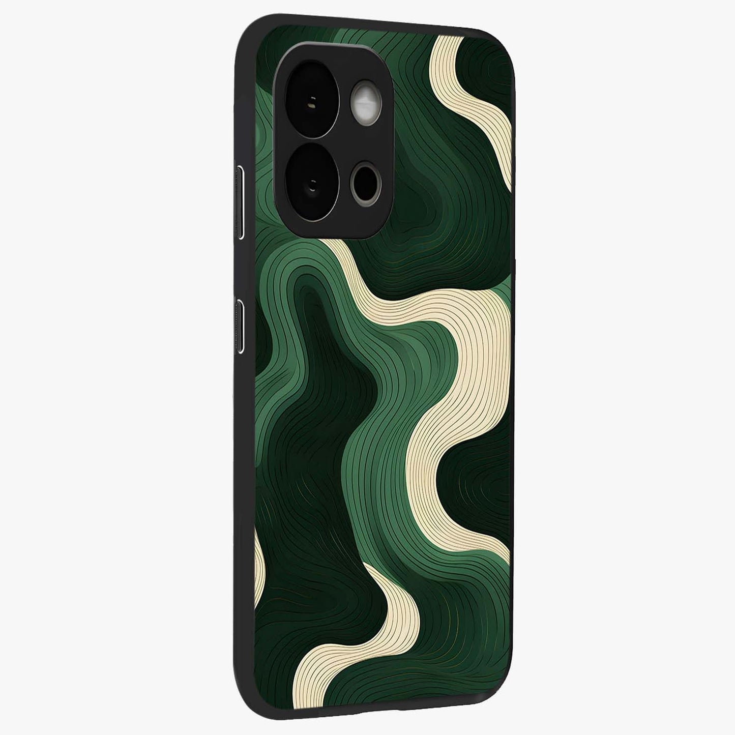 Organic Swirl Design Glass Case for 1+13S side perspective highlighting fluid textures and premium edges