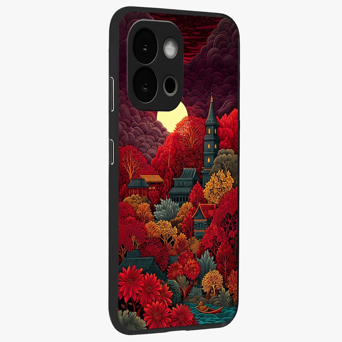 Red Scenery Hot Glass Case for 1+13S side perspective highlighting vivid gradient textures and smooth build