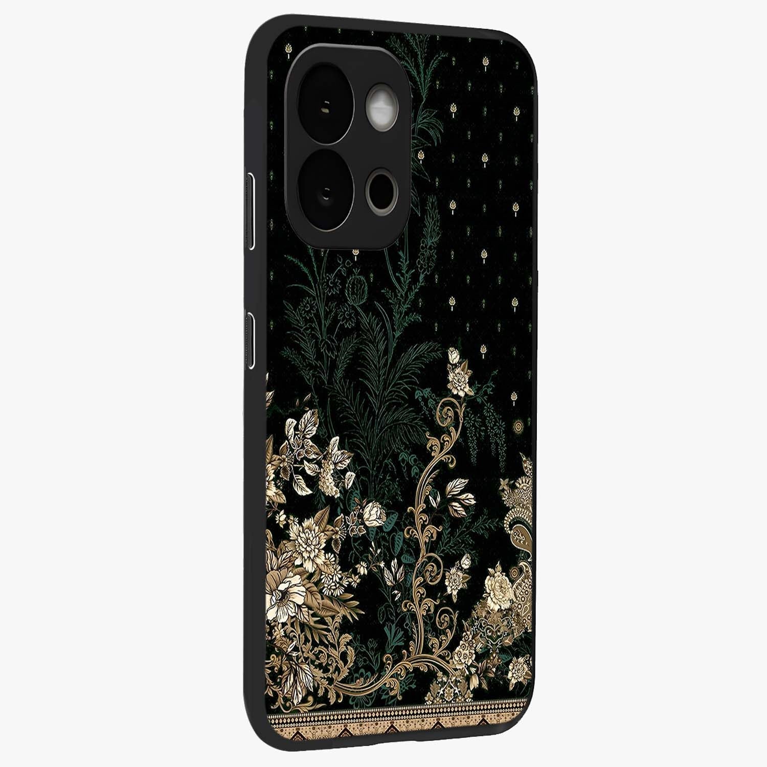 Regal Botanical Tapestry Glass Case for 1+13S side perspective highlighting detailed floral textures and sleek premium build