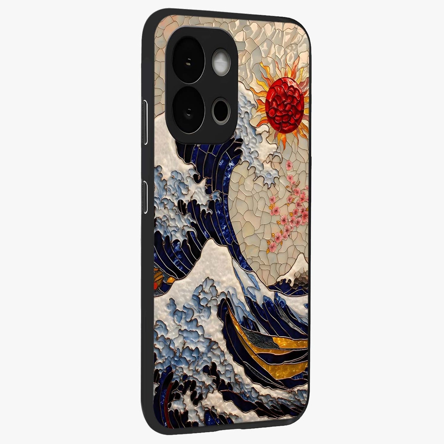Rising Wave Glory Glass Case for 1+13S side perspective highlighting fluid wave textures and sleek premium build