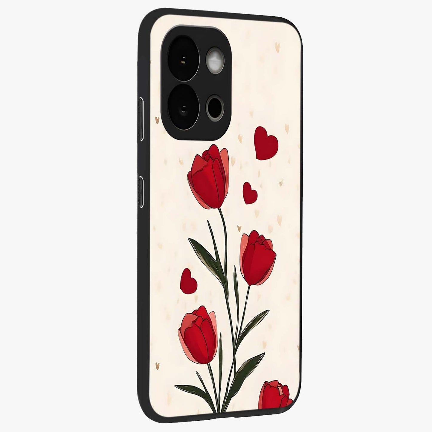 Romantic Tulip Hearts Glass Case for 1+13S side perspective highlighting delicate bloom textures and premium edges