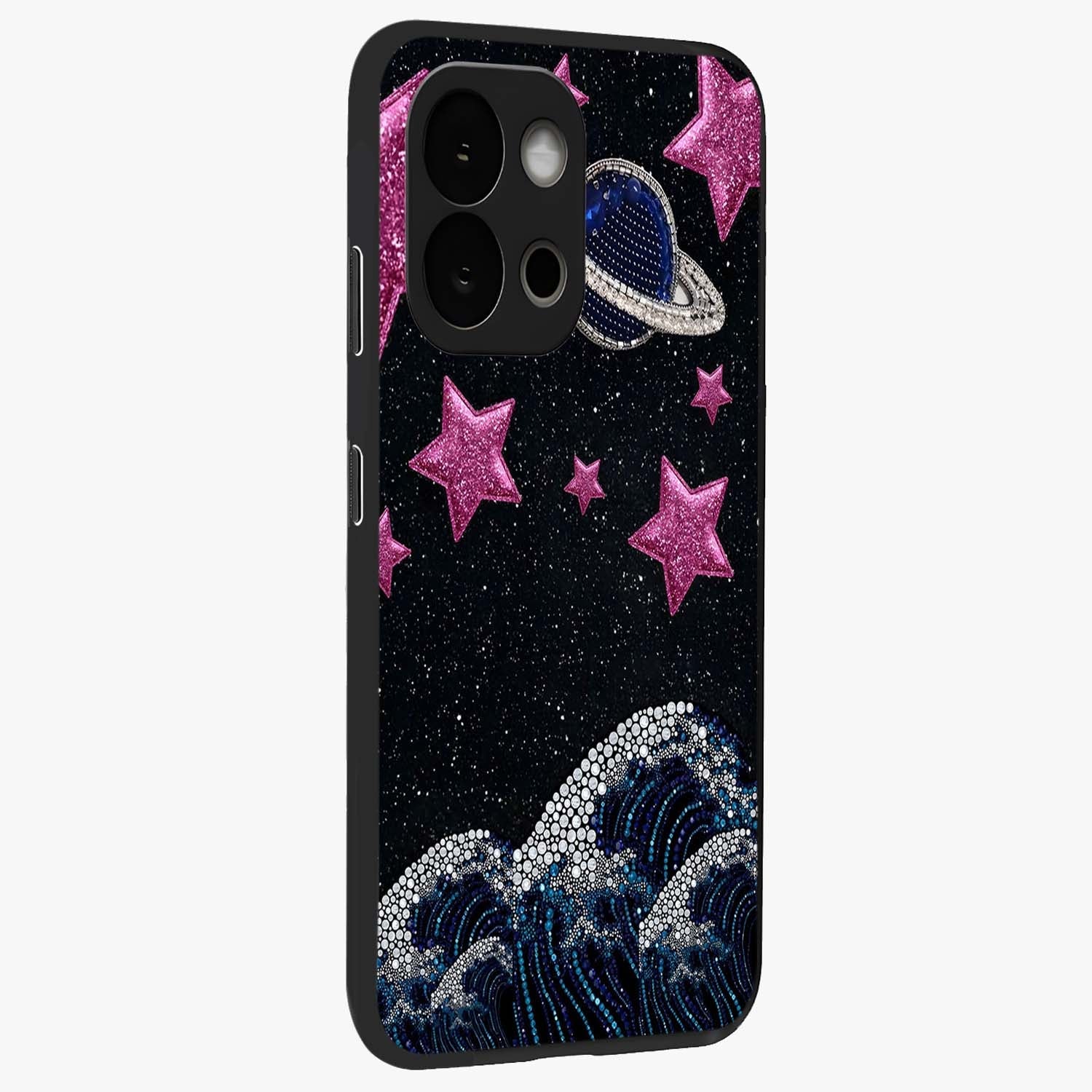 Saturn Pink Storm Glass Case for 1+13S side perspective highlighting planetary textures and premium edges
