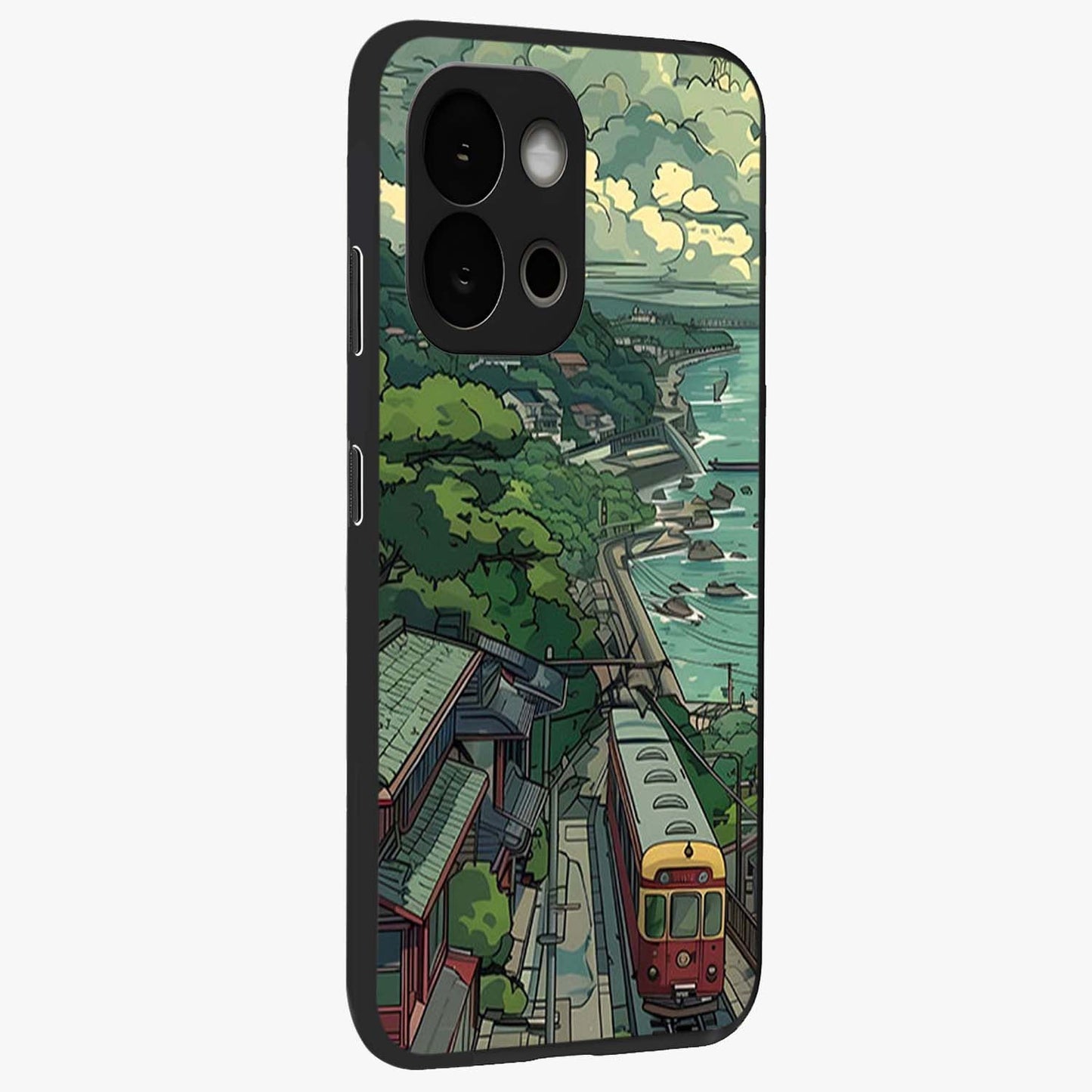 Seaside Train Ride Glass Case for 1+13S side perspective highlighting detailed scenery textures and premium edges