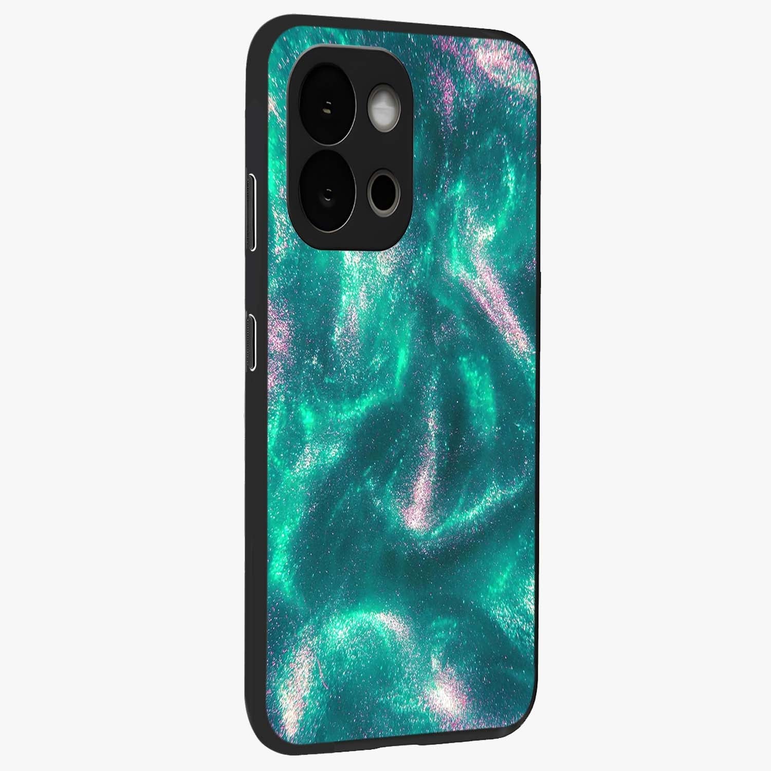 Shimmering Nebula Waves Glass Case for 1+13S side perspective highlighting luminous textures and smooth build