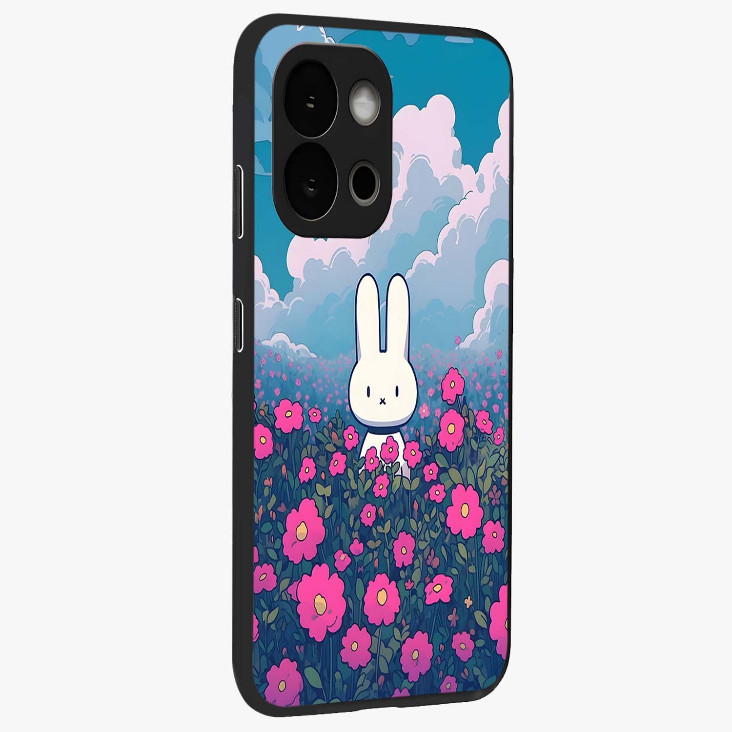 Springtime Blossom Bunny Glass Case for 1+13S side perspective highlighting charming illustration textures and premium edges
