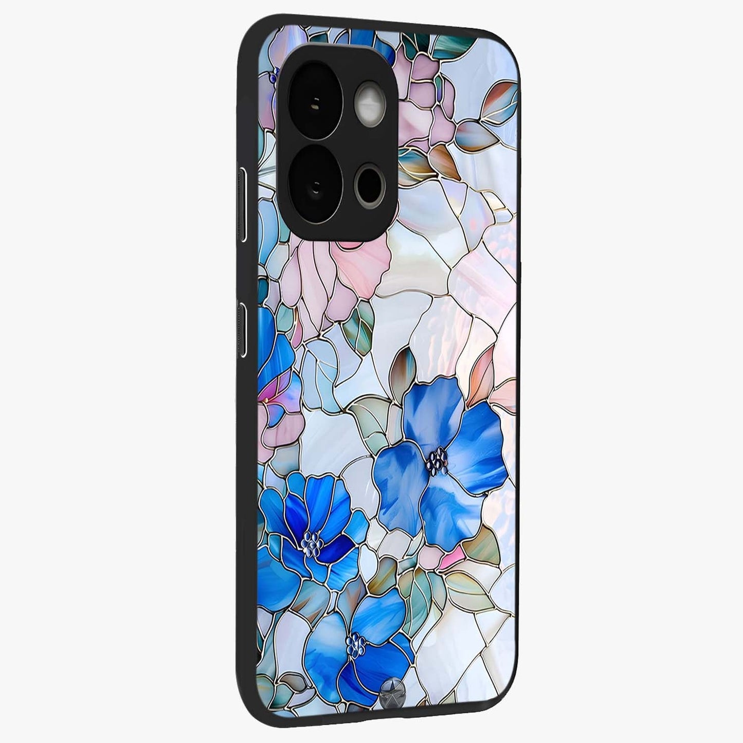 Stained Blue Floral Glass Case for 1+13S side perspective highlighting intricate bloom textures and premium edges