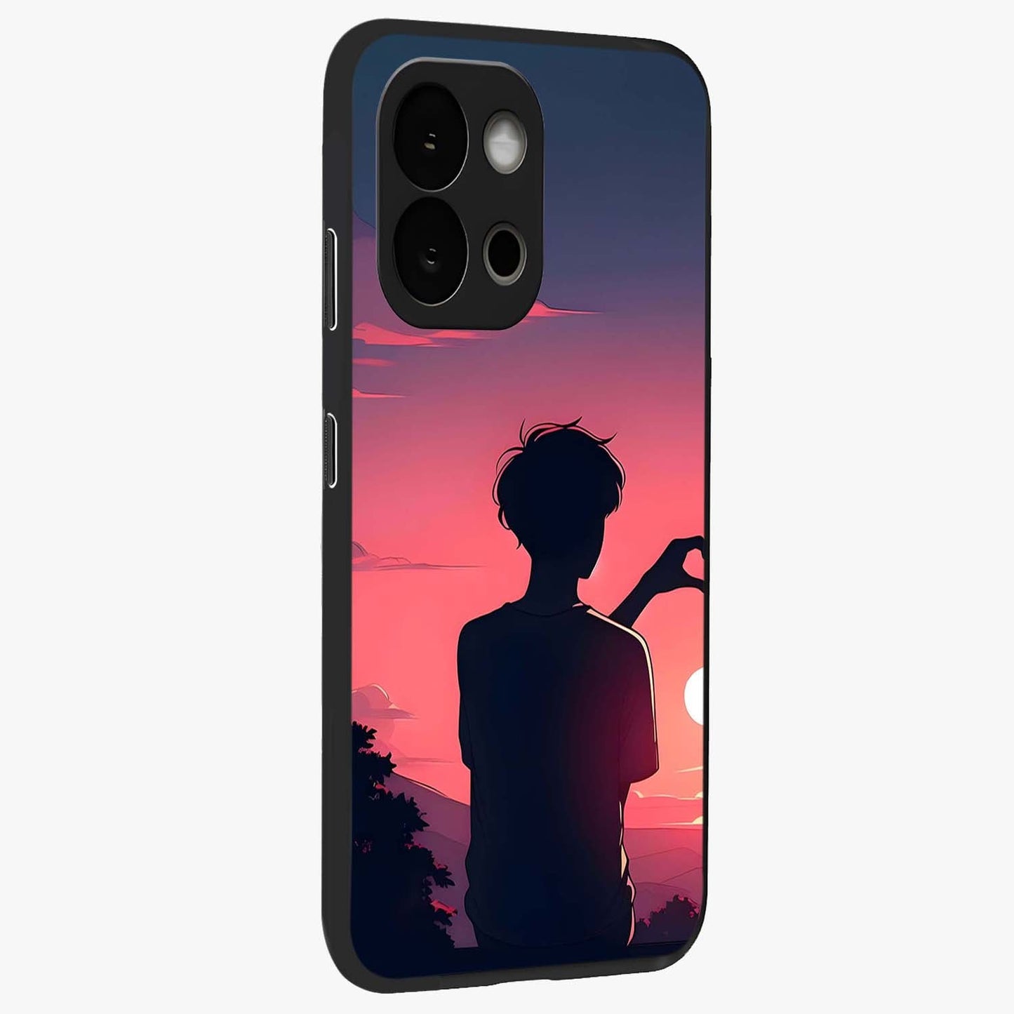 Sunset Silhouette Girl Glass Case for 1+13S side perspective highlighting soft scenic textures and sleek premium build