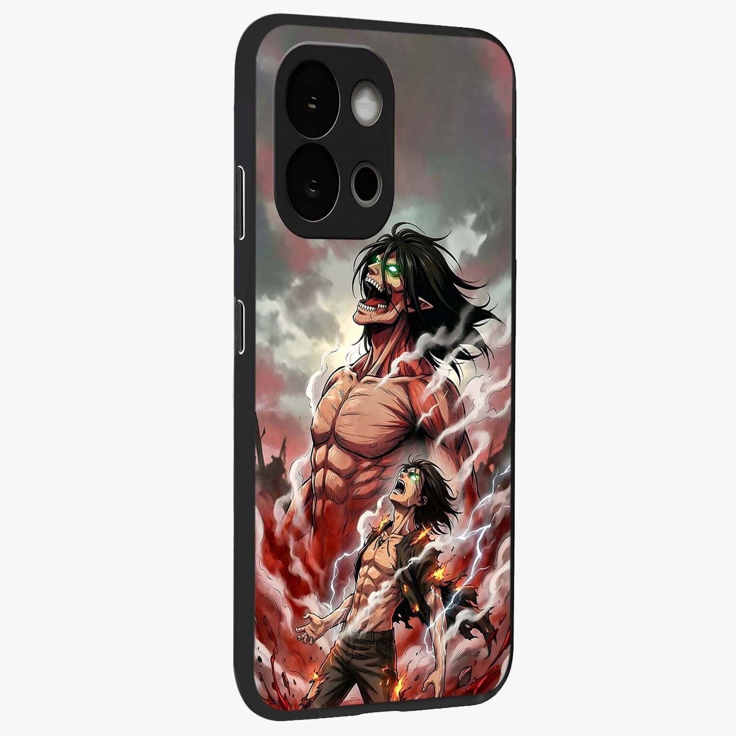 Titan Awakening Fury Glass Case for 1+13S side perspective highlighting bold textures and premium edge finish